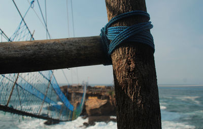 Close-up of rope on tree trunk against sea