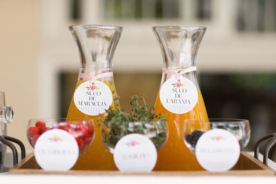 Close-up of drink in glass jar on table