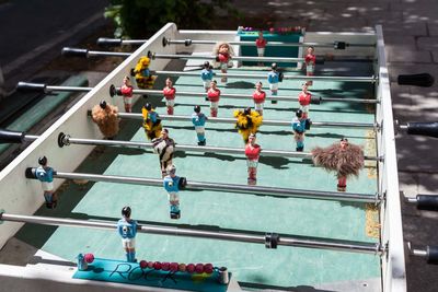 High angle view of foosball table