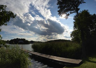 Scenic view of river against cloudy sky