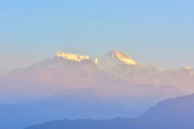 Scenic view of mountains against clear blue sky