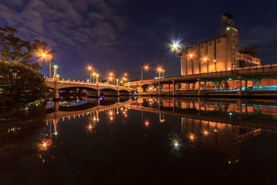 Illuminated bridge over still yarra river with old factory in background in city at night