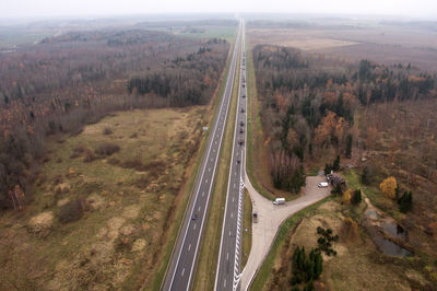 High angle view of highway amidst trees