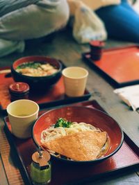 High angle view of meal served on table