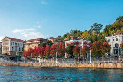 Park by river and buildings against blue sky