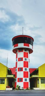 Low angle view of red lighthouse against sky