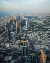 High angle view of modern buildings in city