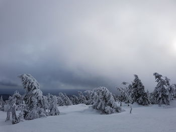 Snow covered landscape against sky