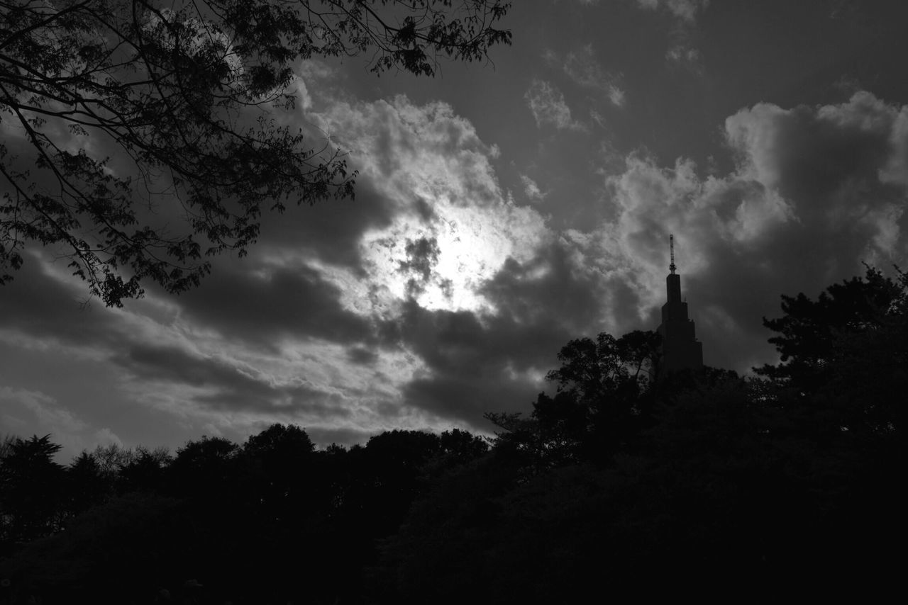 tree, sky, silhouette, cloud - sky, low angle view, nature, cloud, cloudy, religion, tranquility, beauty in nature, built structure, spirituality, scenics, tranquil scene, architecture, building exterior, outdoors, no people