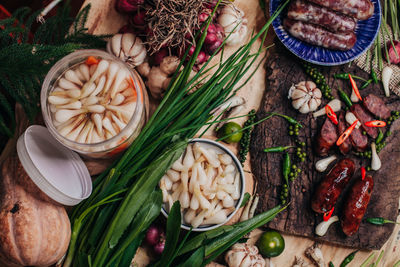 High angle view of mushrooms on table