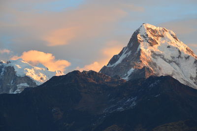 Scenic view of snowcapped mountains against sky during sunset