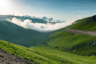 Highway in alpine meadows in mountainous chechnya in the caucasus