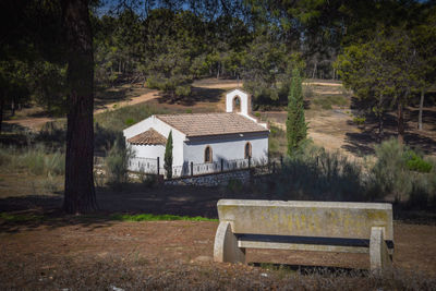 House and trees on field