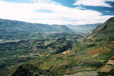 Aerial view of valley against sky