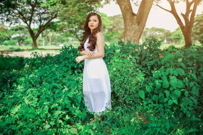 Full length of young woman standing on tree at park