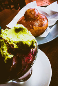 High angle view of bread in plate on table