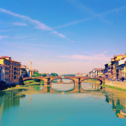 Bridge over river with buildings in background