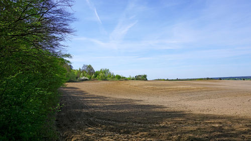 Dirt road amidst field against sky