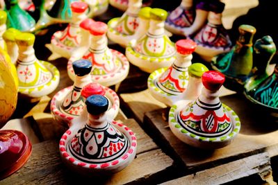 High angle view of various decors on table