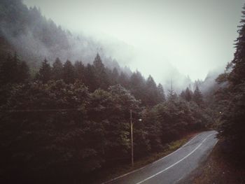 Road amidst trees and mountains against sky