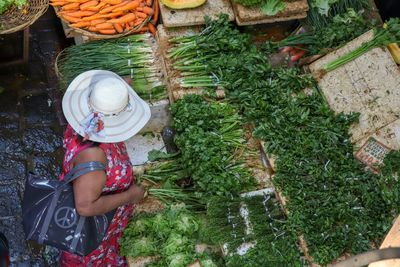 High angle view of woman wearing hat buying vegetables