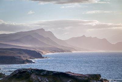 The rocky west coast of fuerteventura with the typical mountains seen from the village of la pared