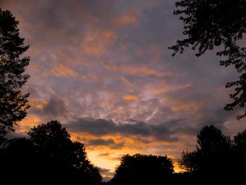 Low angle view of silhouette trees against dramatic sky