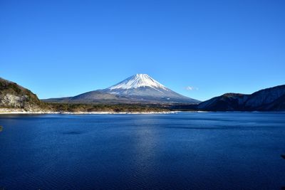 Scenic view of mount fuji against clear blue sky