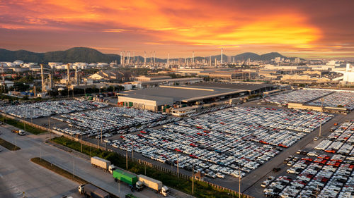 High angle view of townscape against sky during sunset