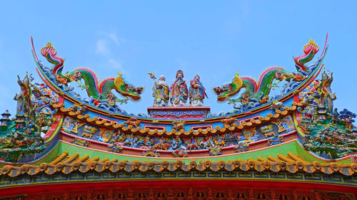 Low angle view of multi colored building roof against sky