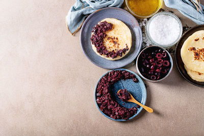 High angle view of breakfast on table