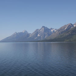 Scenic view of lake and mountains against clear blue sky