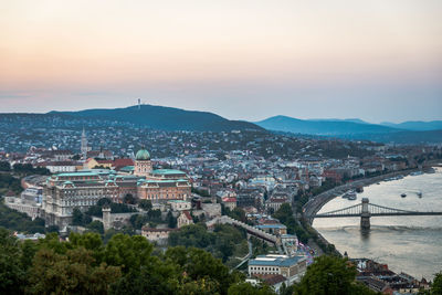 High angle view of cityscape during sunset