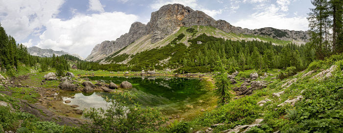 Scenic view of waterfall against sky