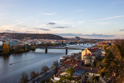 High angle view of river amidst buildings in town against sky