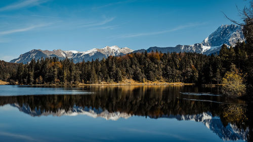 Scenic view of lake by snowcapped mountains against sky