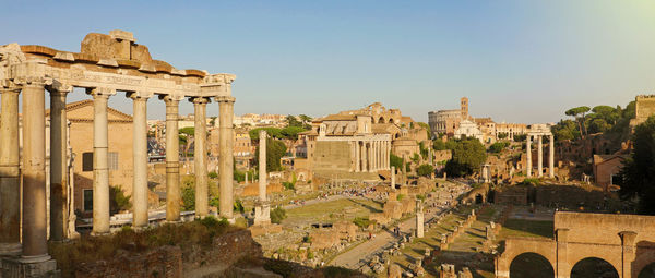 Panoramic view of rome. cityscape skyline of landmarks of ancient rome with coliseum and roman forum