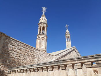 Low angle view of building against clear blue sky