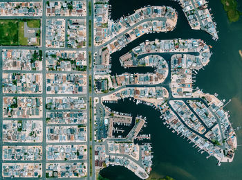 Aerial view of homes and boats at the jersey shore