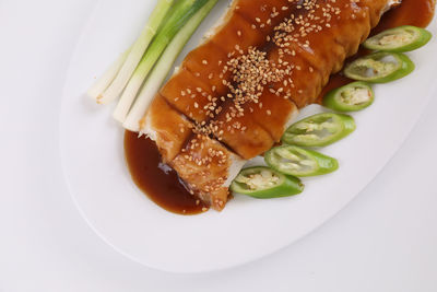 High angle view of food in plate