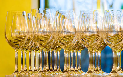 Close-up of wineglasses arranged