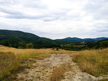 Scenic view of landscape and mountains against sky