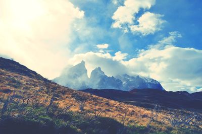 Low angle view of mountains against sky