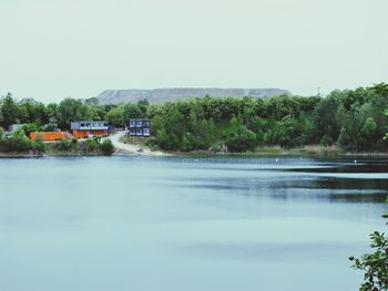 Scenic view of lake against clear sky