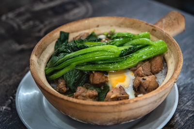 High angle view of rice in bowl on table