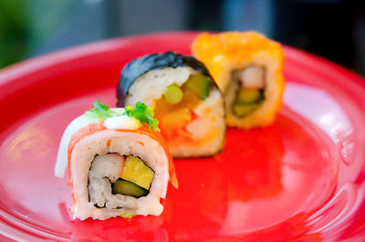 Close-up of sushi served in plate