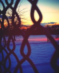 Silhouette of trees by chainlink fence against sky during sunset