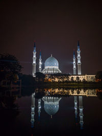 Reflection of buildings in water at night