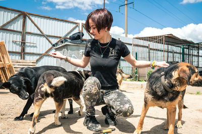 Dog at the shelter. animal shelter volunteer takes care of dogs. lonely dogs in cage with volunteer.