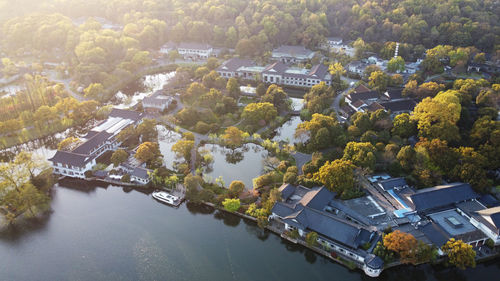 High angle view of river amidst buildings in city